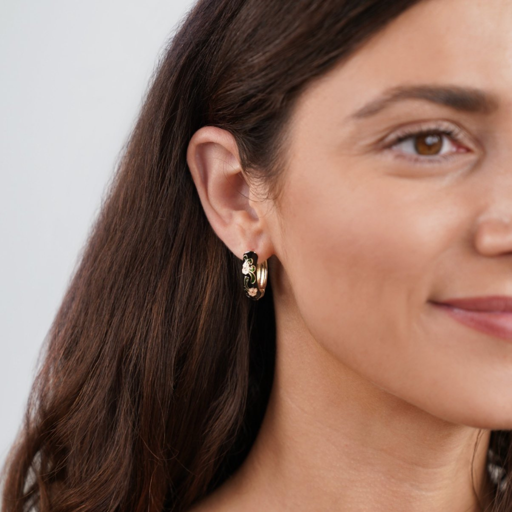 Black Hoop Earrings with Floral Enamel Detail
