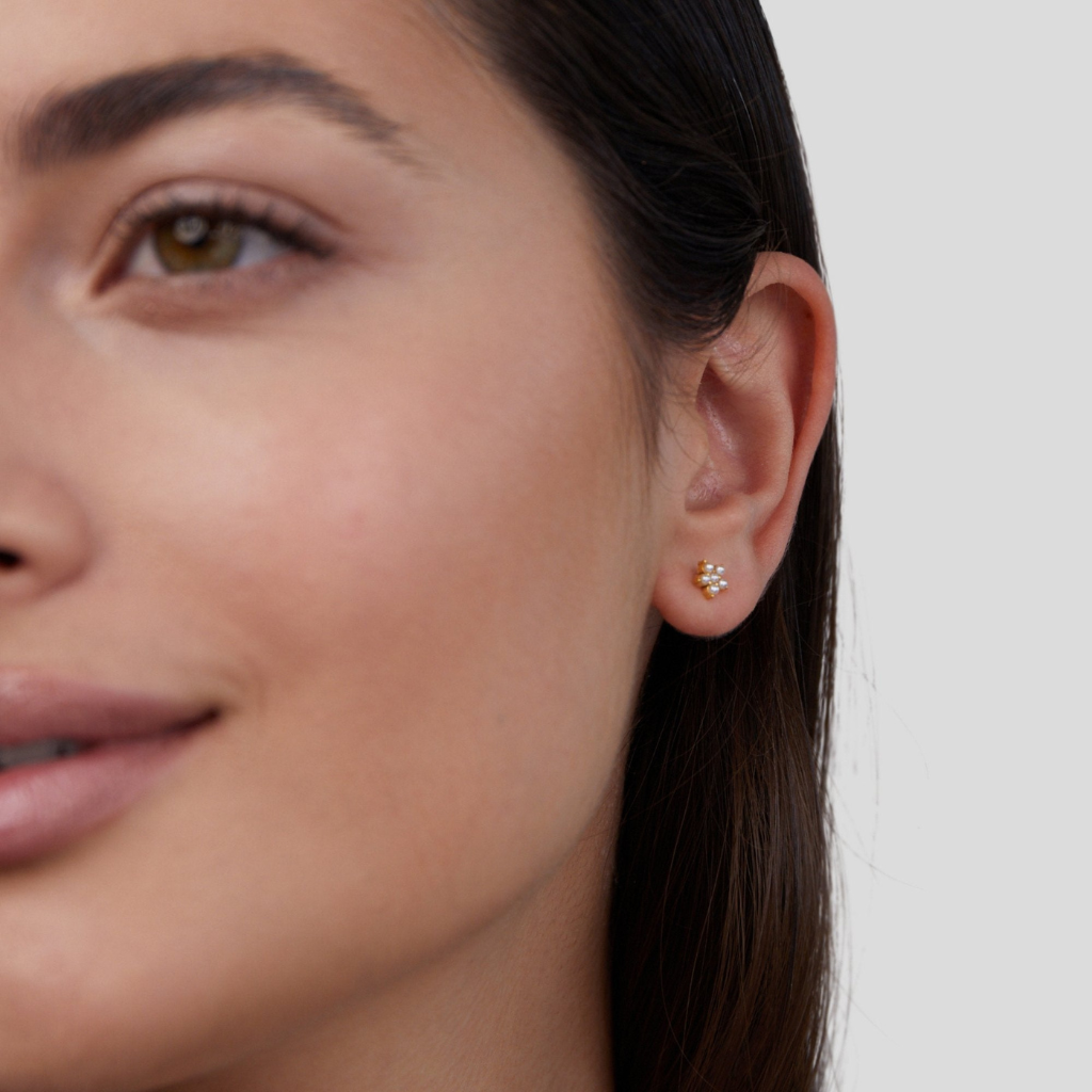 Pearl Stud Earrings with Floral Cluster Design