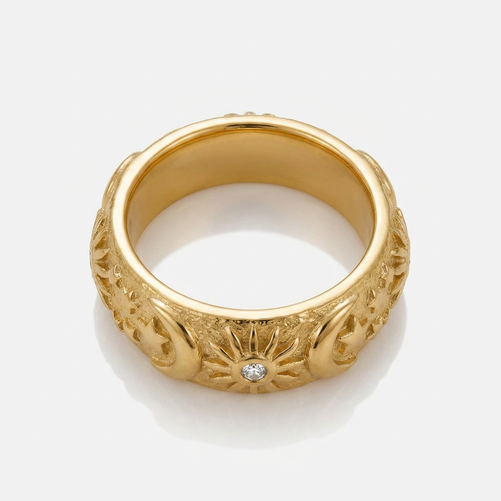 Celestial Ring with Sun and Star Engraving
