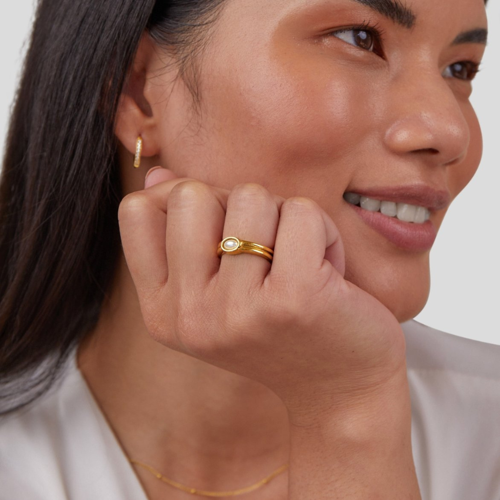 18K Gold Plated Ring with Oval Pearl Detail