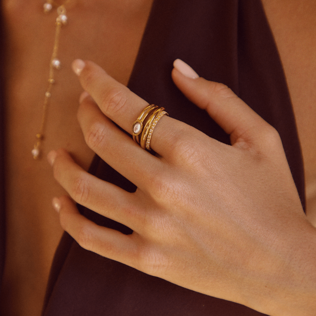 18K Gold Plated Ring with Oval Pearl Detail
