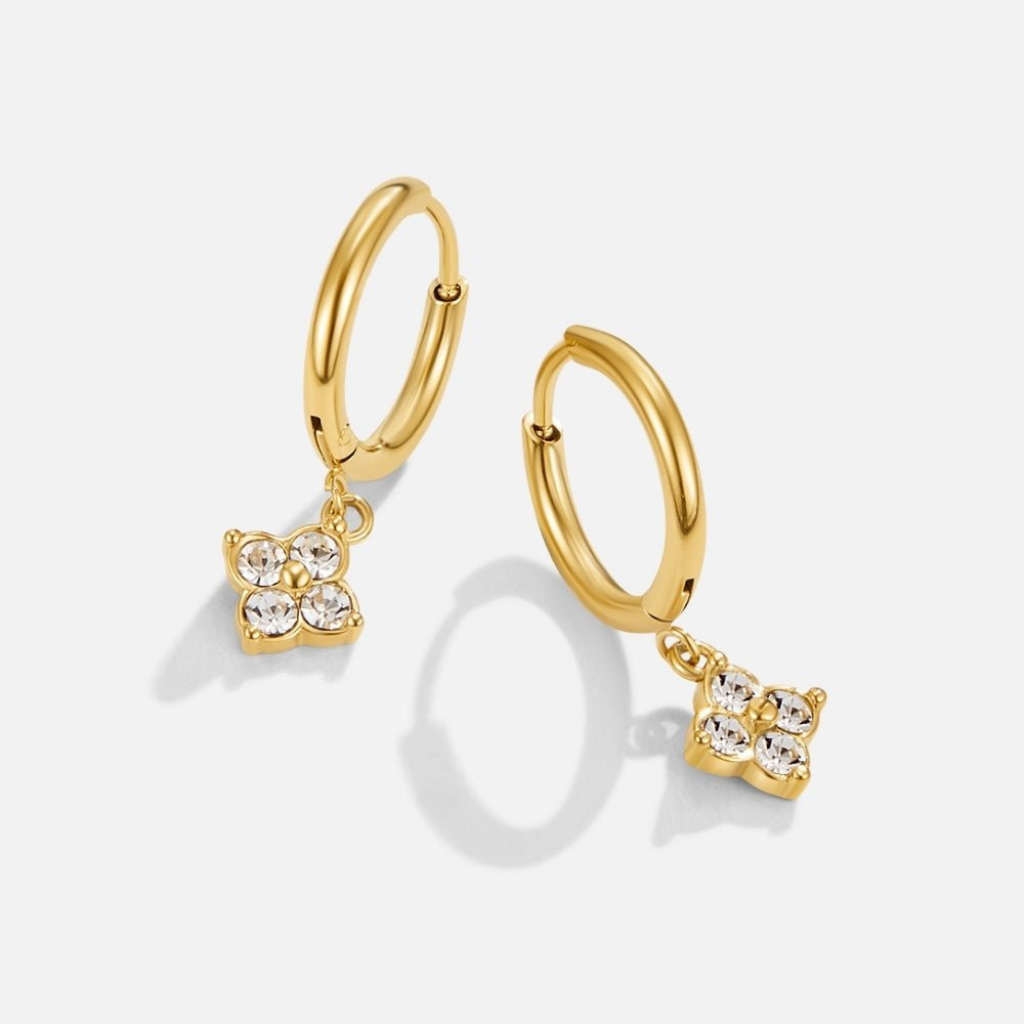 Drop Hoop Earrings with Crystal Clover Charm
