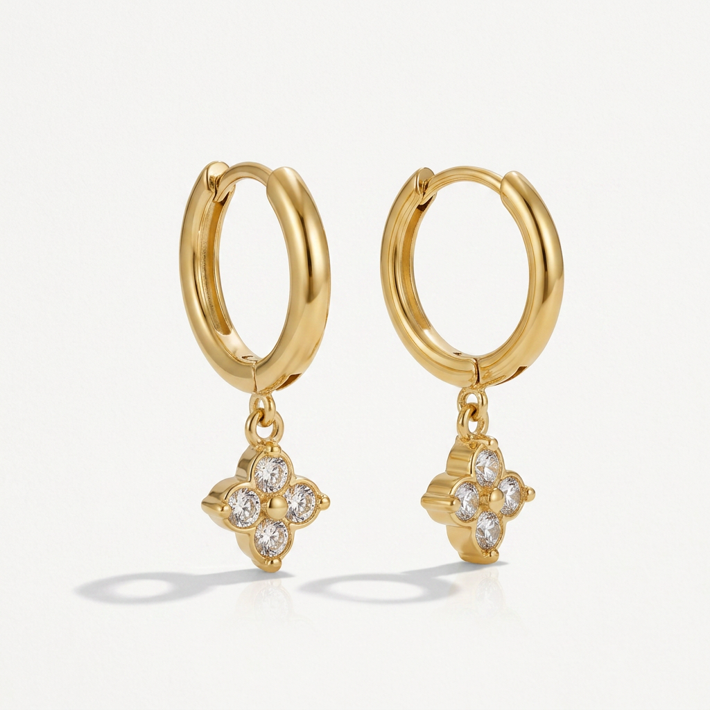 Drop Hoop Earrings with Crystal Clover Charm