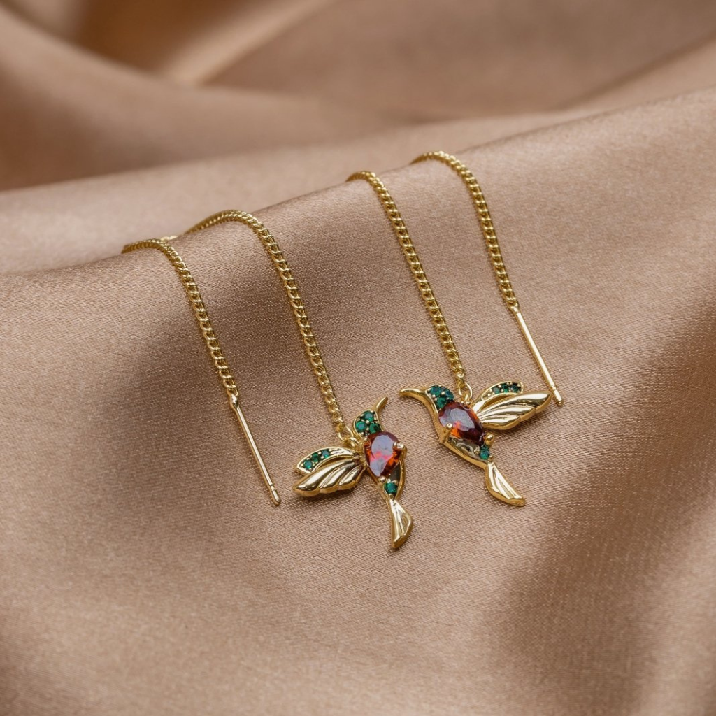 Threader Earrings with Crystal Hummingbird Charm