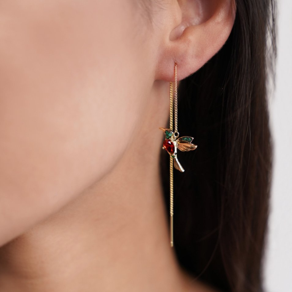 Threader Earrings with Crystal Hummingbird Charm