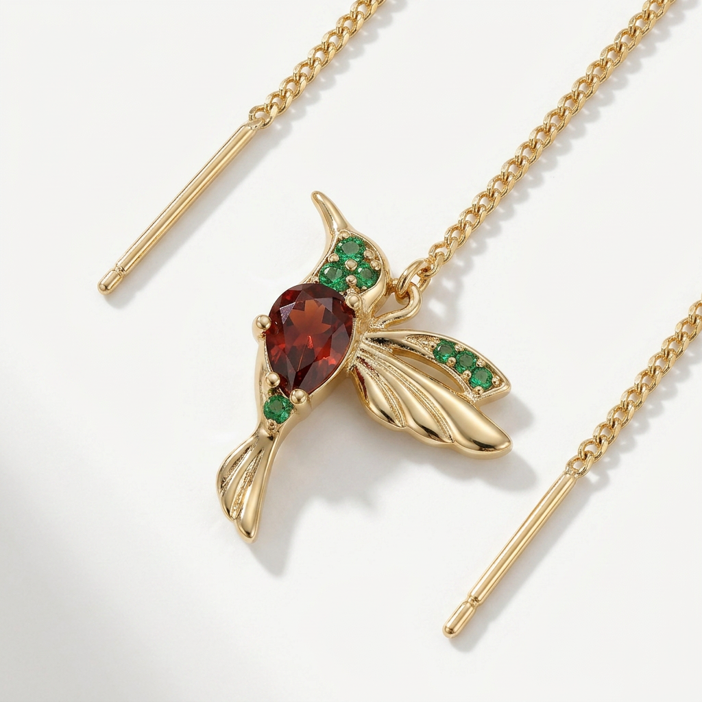 Threader Earrings with Crystal Hummingbird Charm