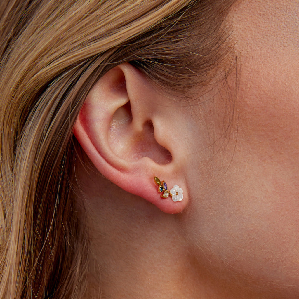 Earrings with White Blossom and Crystal Leaves