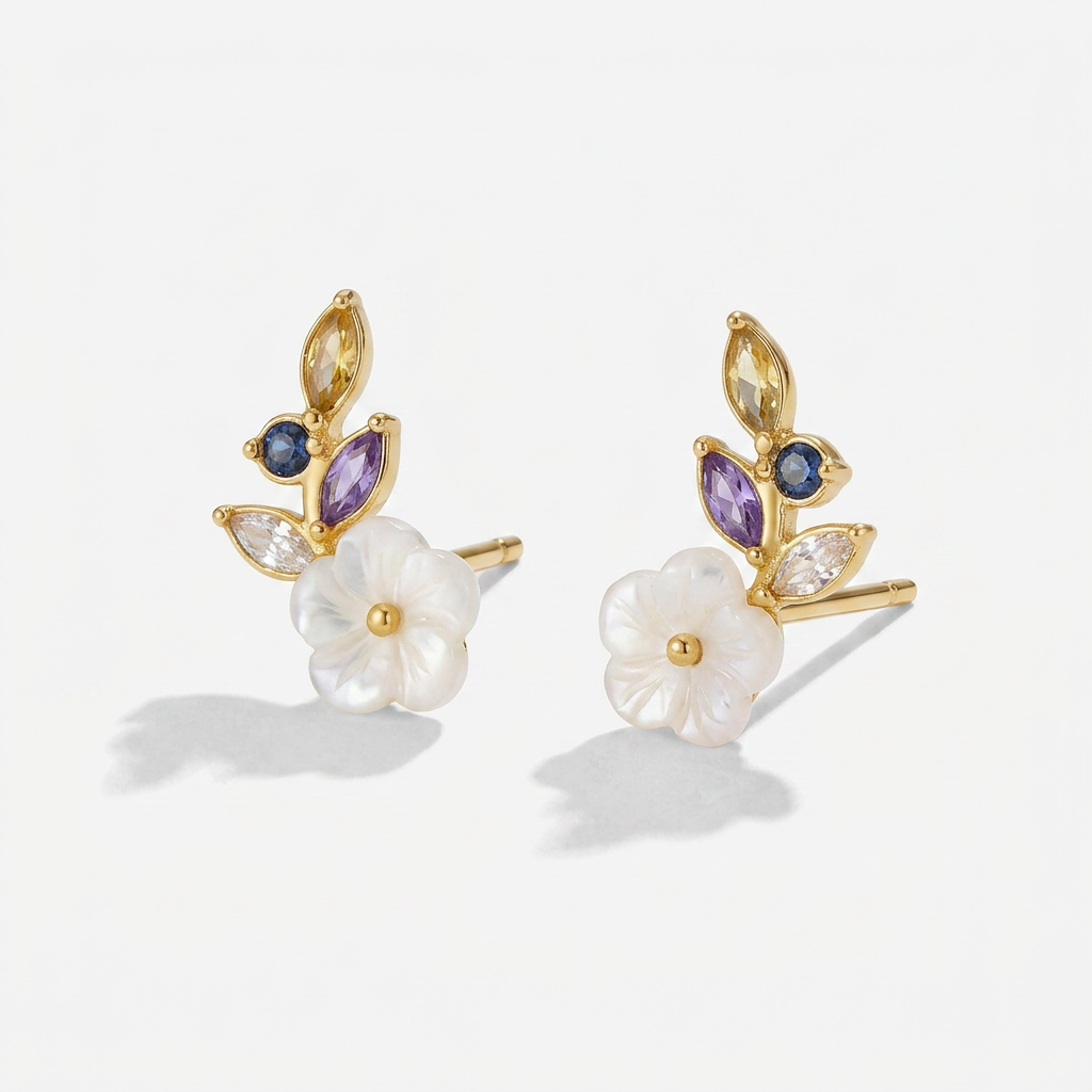 Earrings with White Blossom and Crystal Leaves