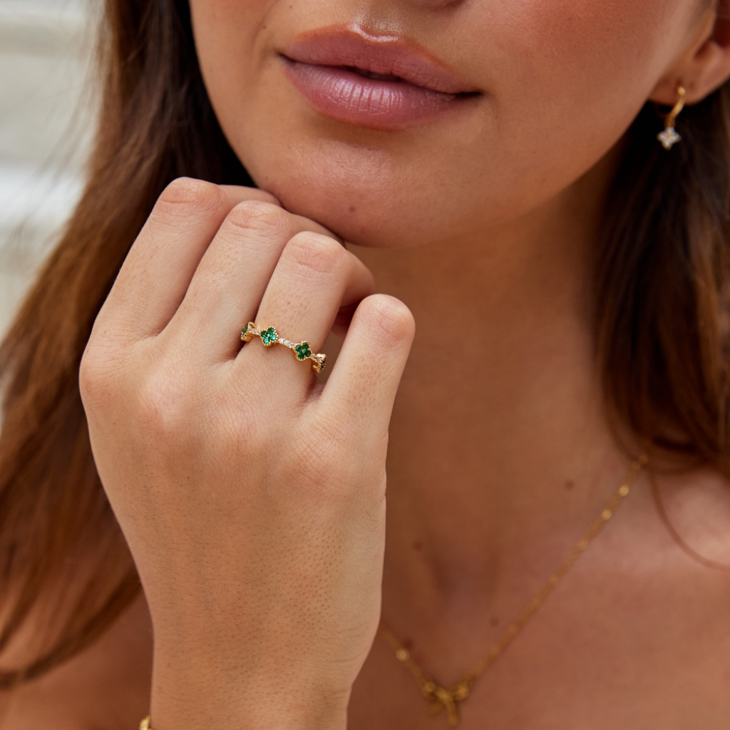 Gold Plated Ring with Four Leaf Clover Crystals