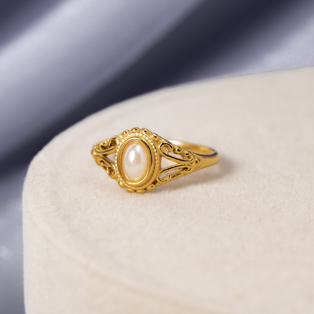 Ring with Oval Pearl and Filigree Band