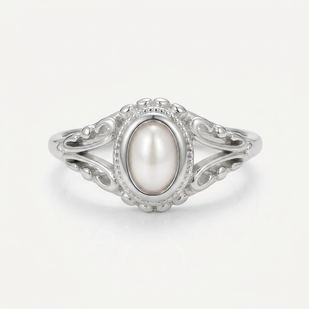 Ring with Oval Pearl and Filigree Band