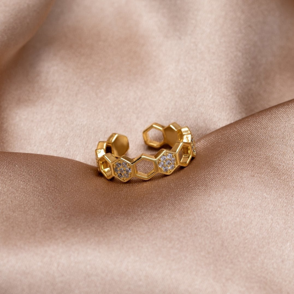 Gold Plated Ring with Honeycomb Crystal Detail
