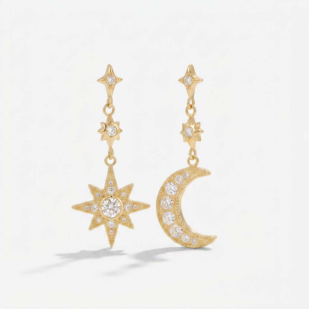 Moon & Star Drop Earrings with Cubic Zirconia