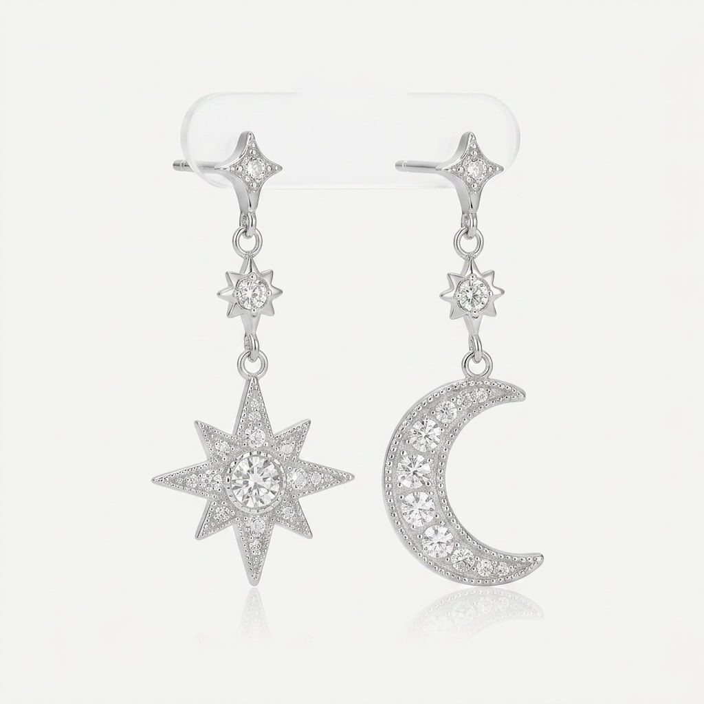 Moon & Star Drop Earrings with Cubic Zirconia