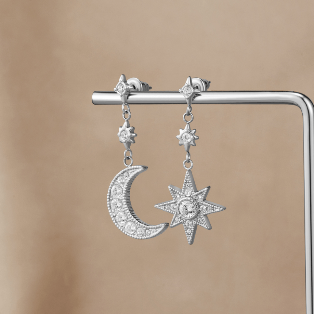 Moon & Star Drop Earrings with Cubic Zirconia