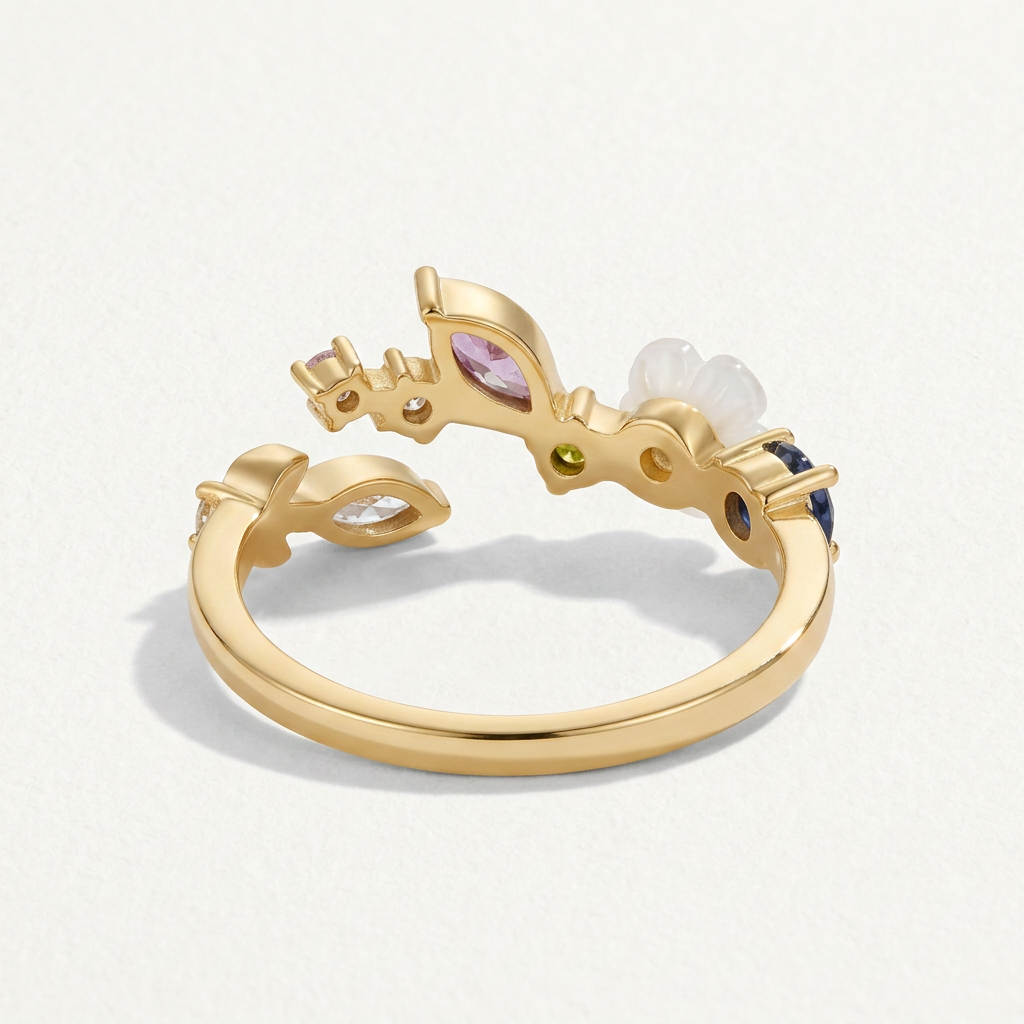 Gold Ring with Crystal Flower and Multi Stones