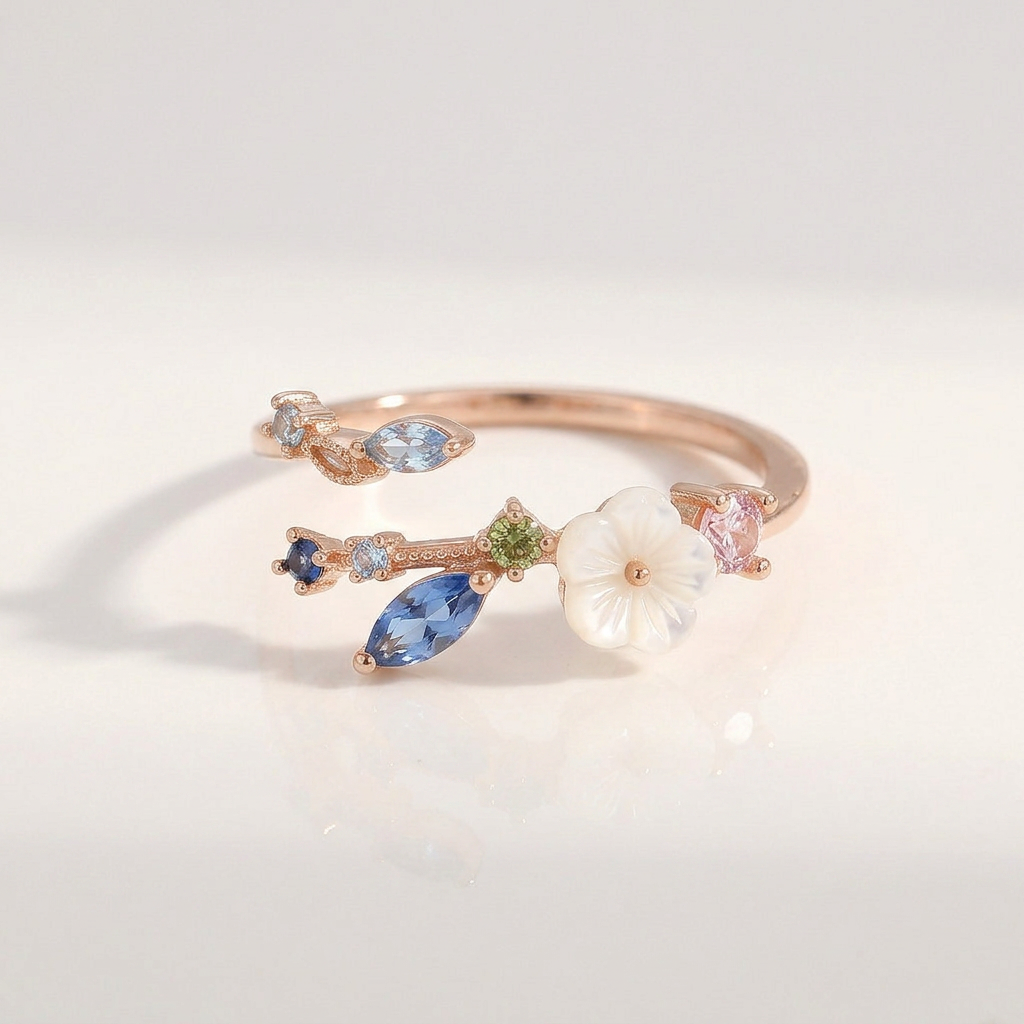 Gold Ring with Crystal Flower and Multi Stones