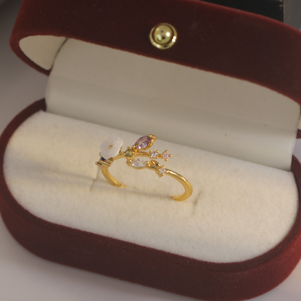 Gold Ring with Crystal Flower and Multi Stones