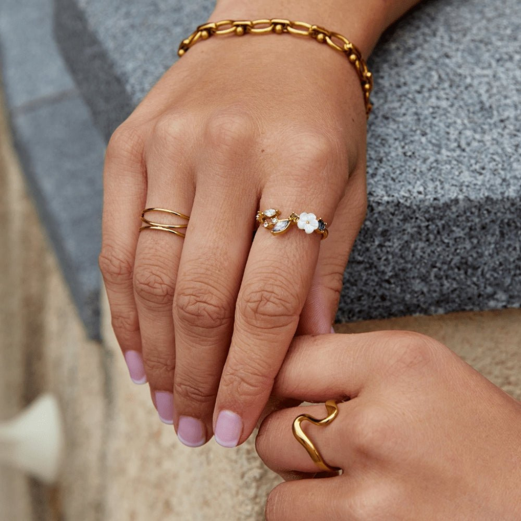 Gold Ring with Crystal Flower and Multi Stones