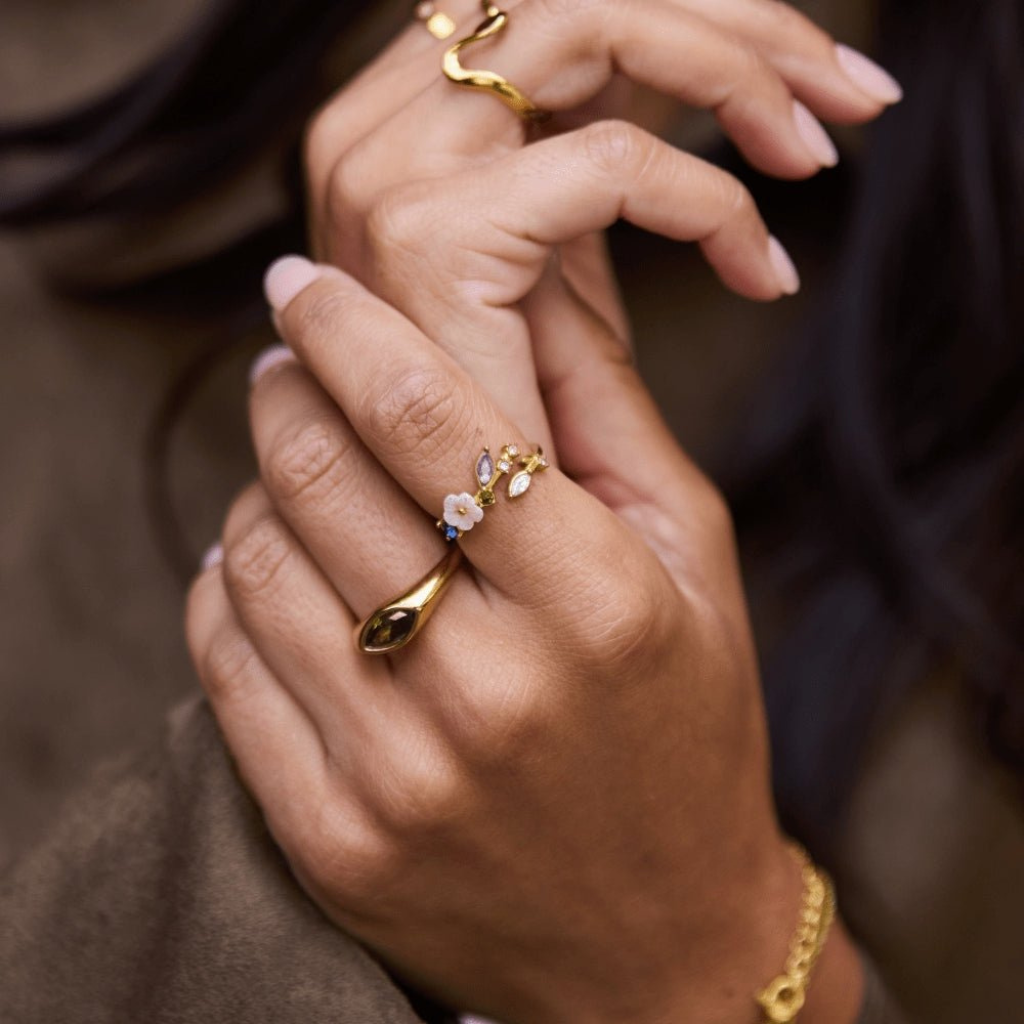 Gold Ring with Crystal Flower and Multi Stones