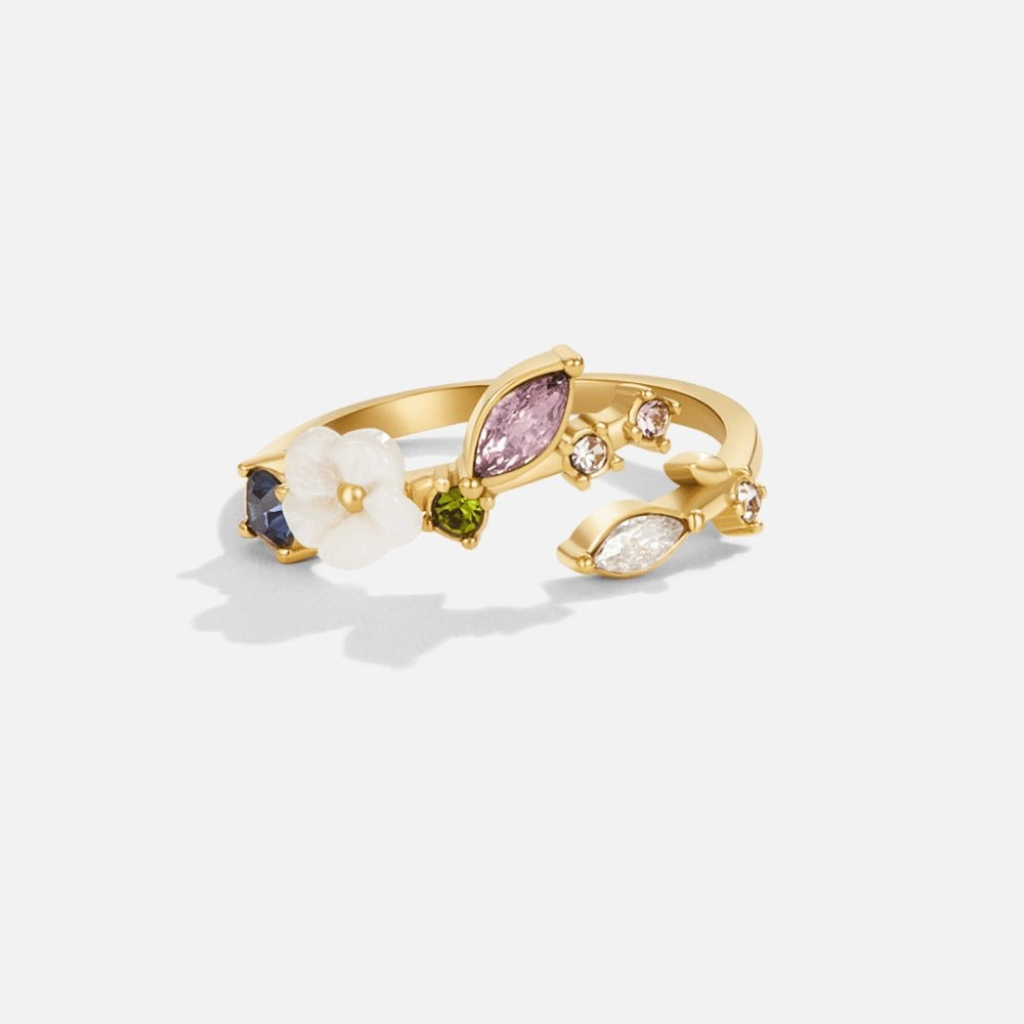 Gold Ring with Crystal Flower and Multi Stones