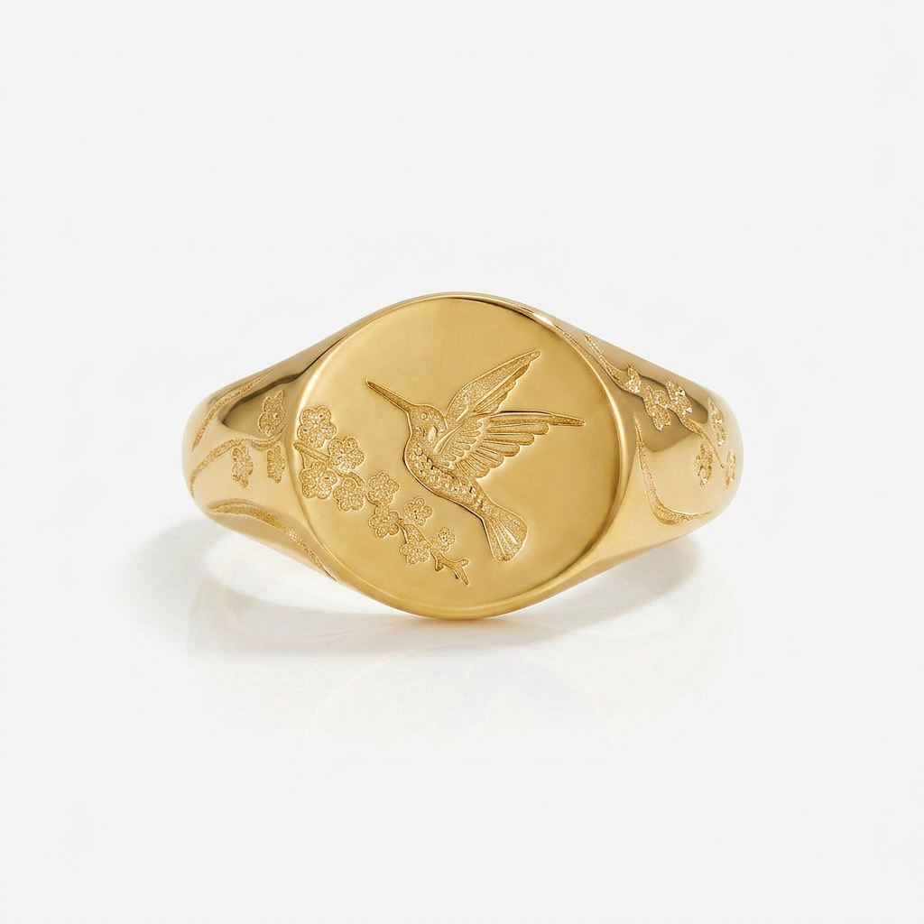 Signet Ring with Hummingbird Engraving