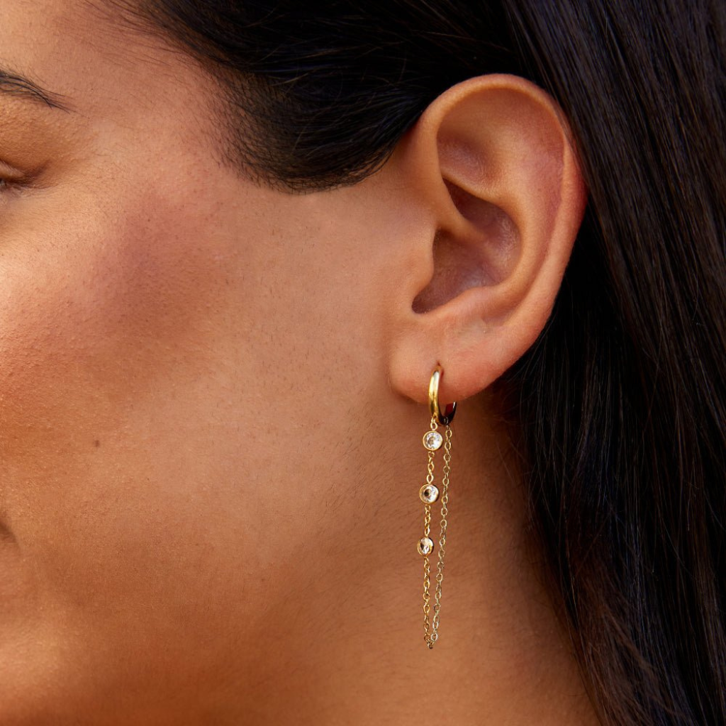 Gold Drop Hoop Earrings with Crystal Stone