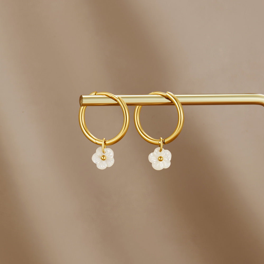 Gold Hoop Earrings with White Petal Shell