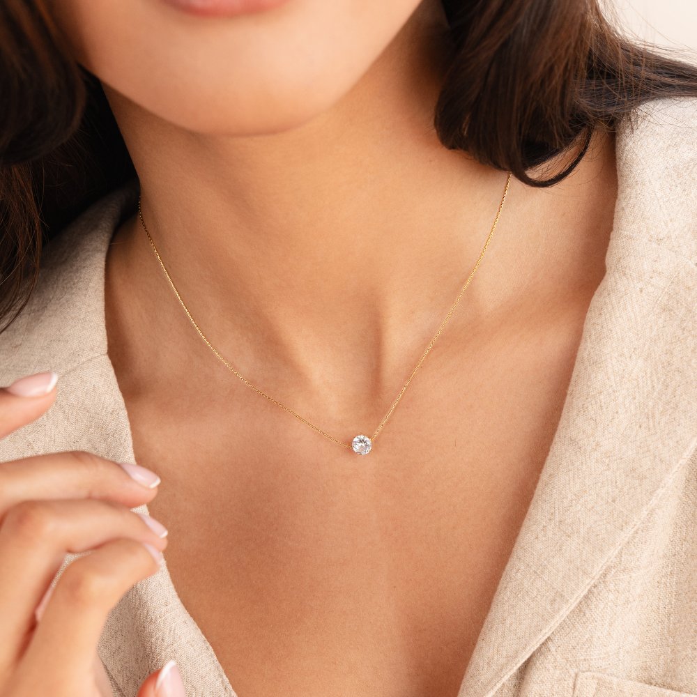 Gold Pendant Necklace with Round Crystal Stone