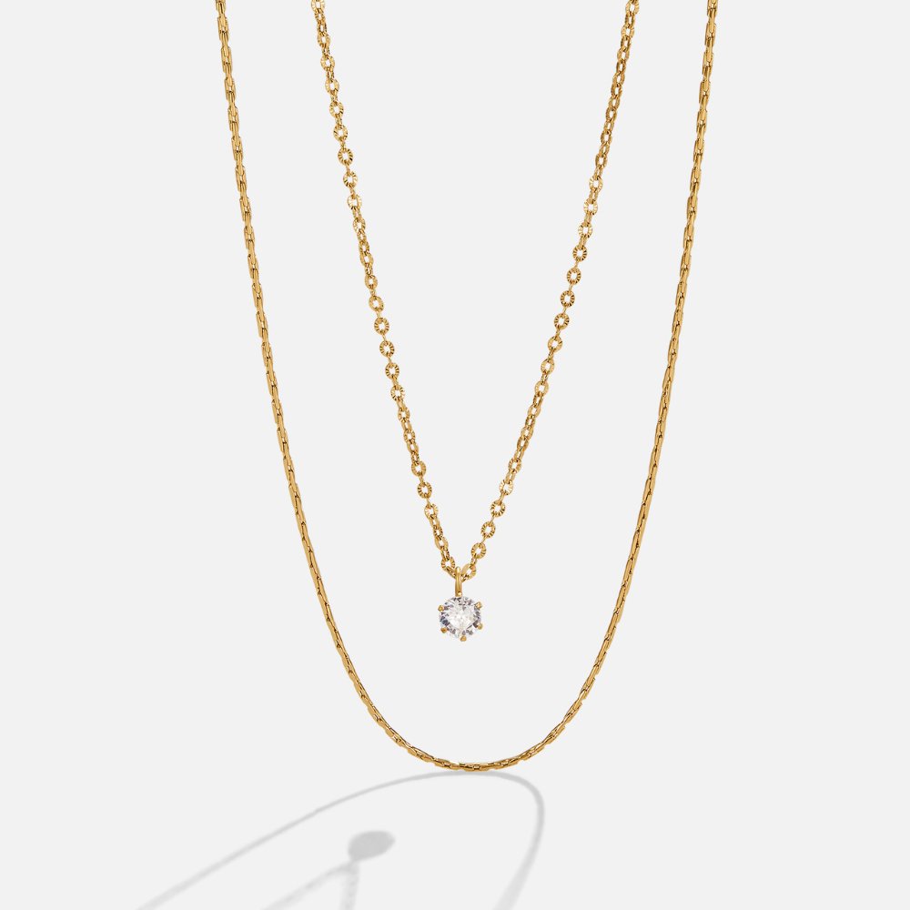 Layered Necklace with Crystal Stone Pendant