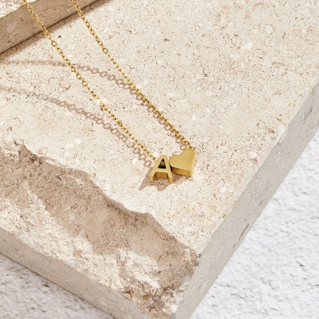 Gold Letter Pendant Necklace with Forever Love Script Design