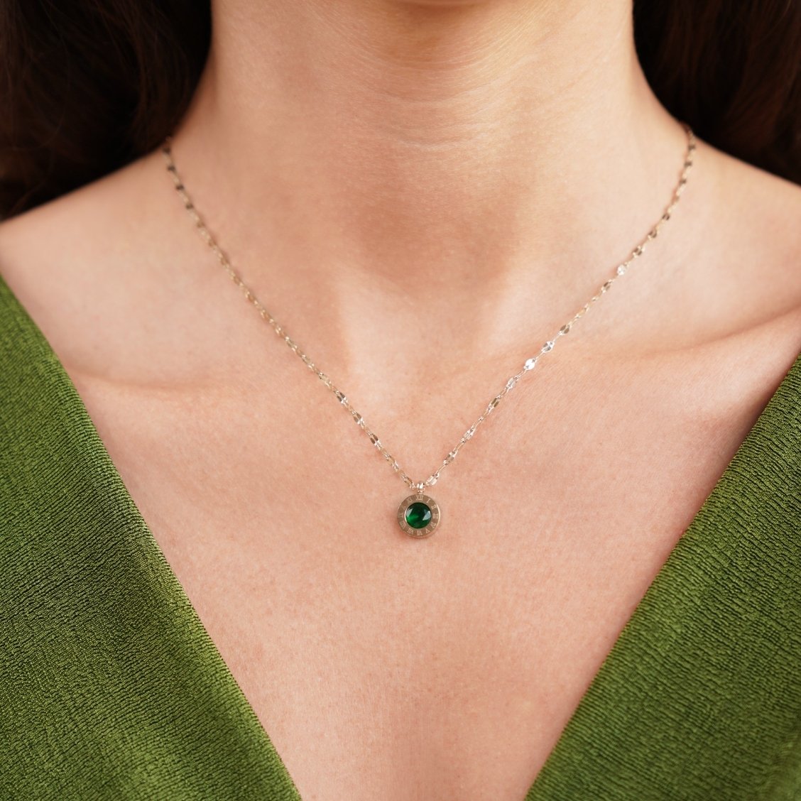 Gold Tone Necklace with Green Crystal Pendant