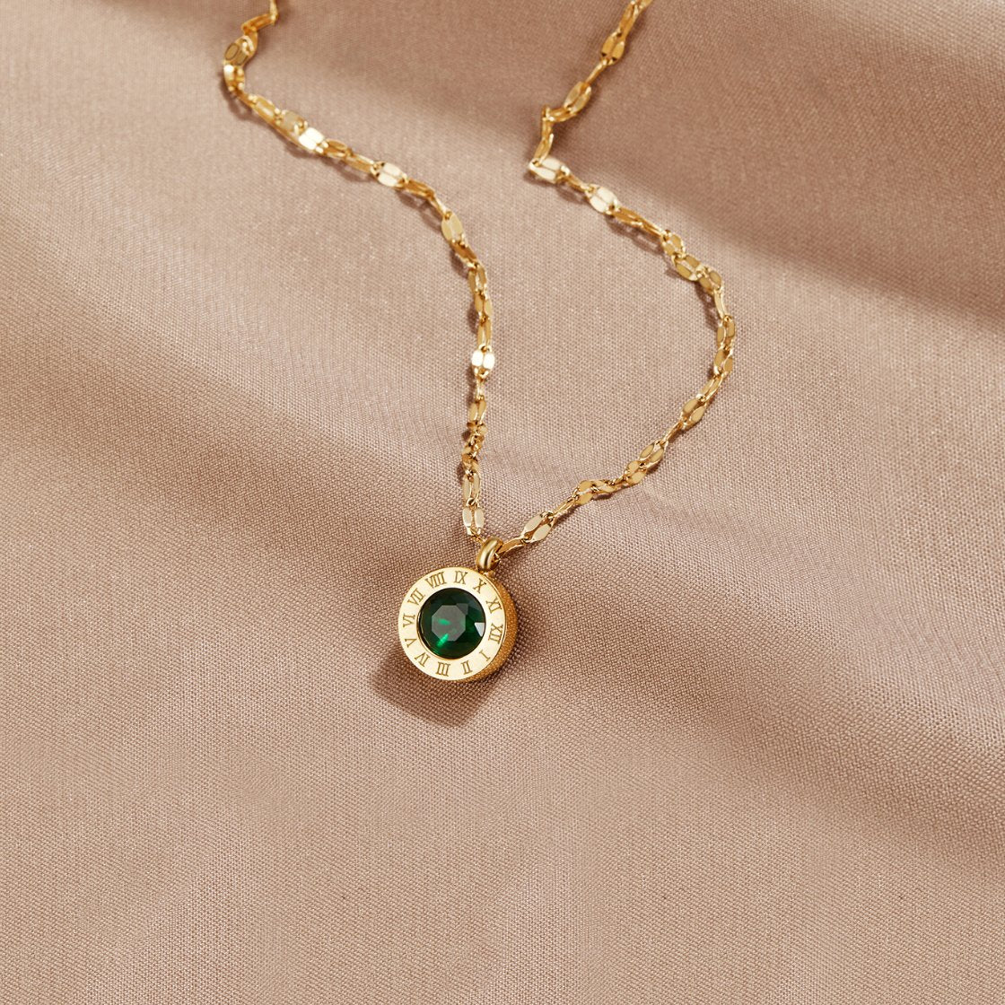 Gold Tone Necklace with Green Crystal Pendant