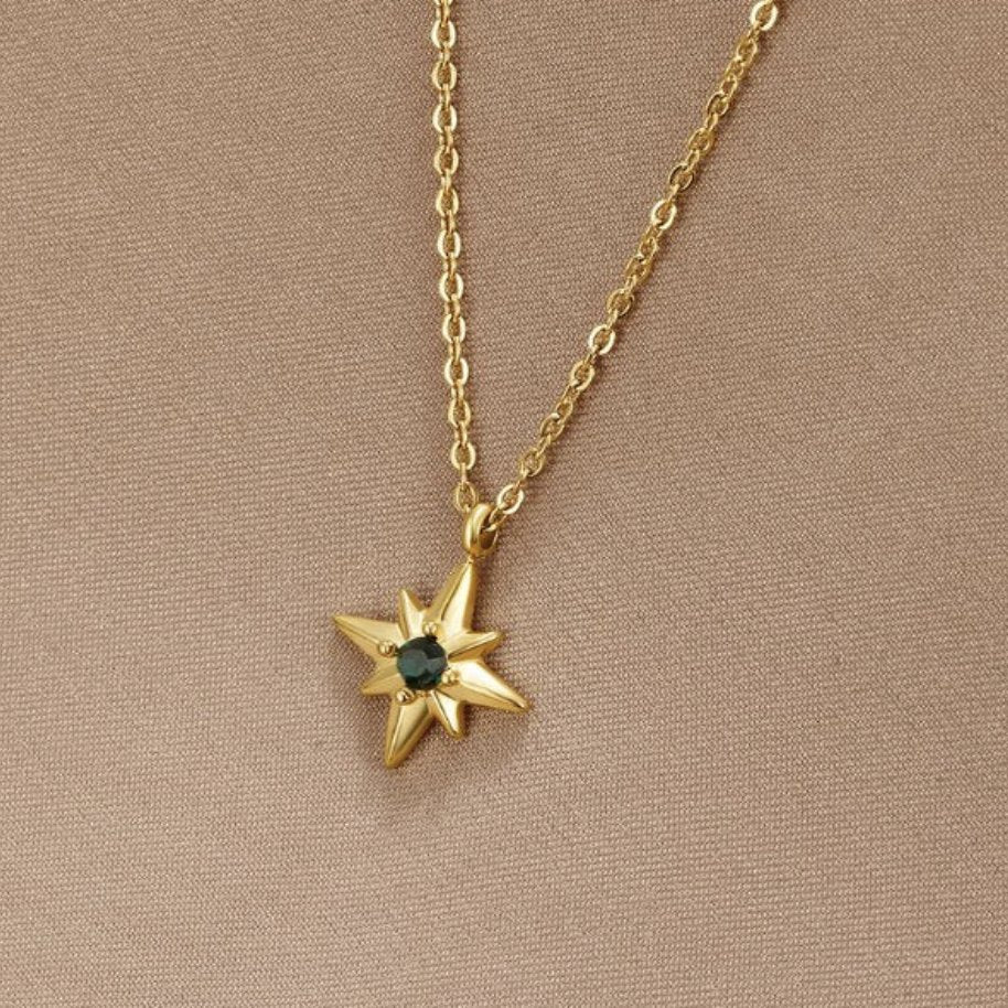 Gold Star Pendant Necklace with Emerald Crystal