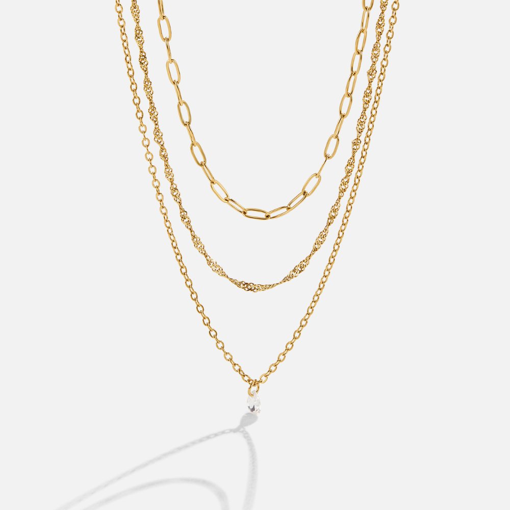 Gold Triple Chain Necklace with Layered Design