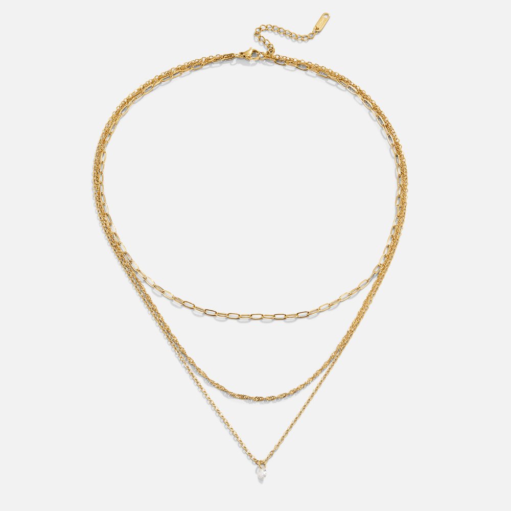 Gold Triple Chain Necklace with Layered Design