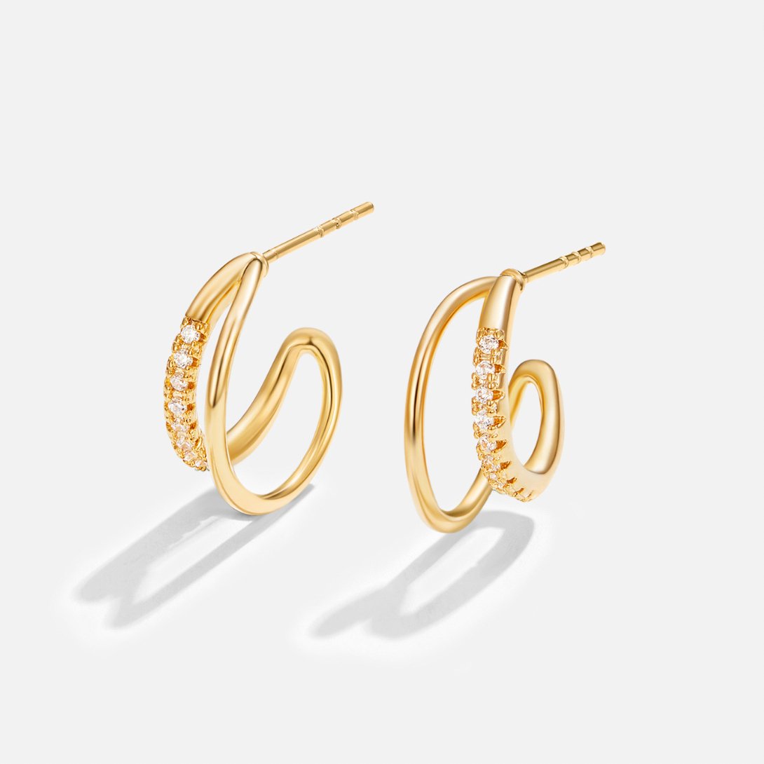 Gold Double Hoop Earrings with Crystal Stone