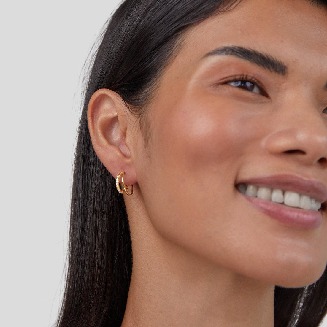 Gold Double Hoop Earrings with Crystal Stone