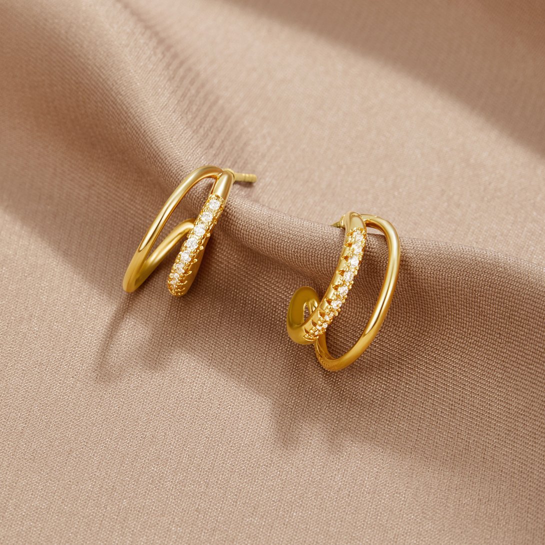 Gold Double Hoop Earrings with Crystal Stone