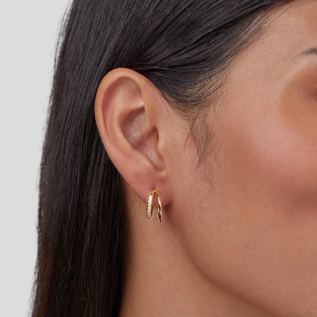 Gold Double Hoop Earrings with Crystal Stone