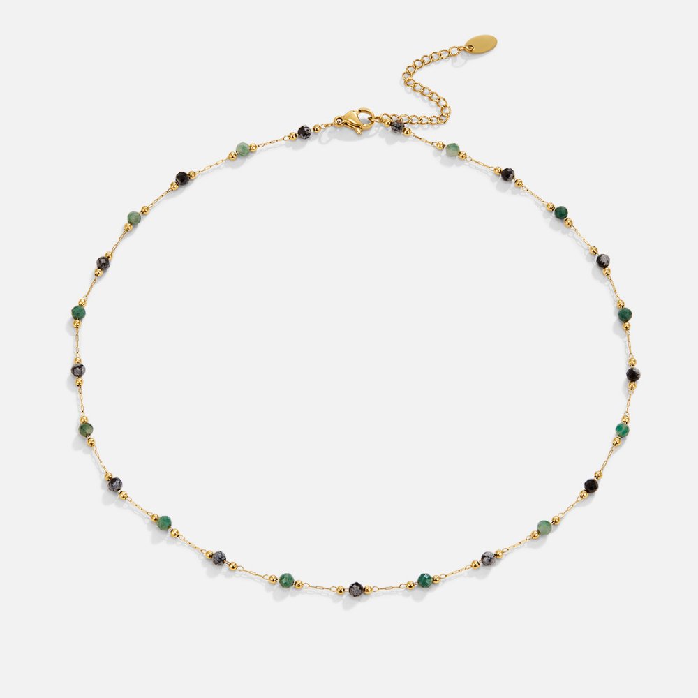 Gold Beaded Stone Necklace with Forest-Inspired Design
