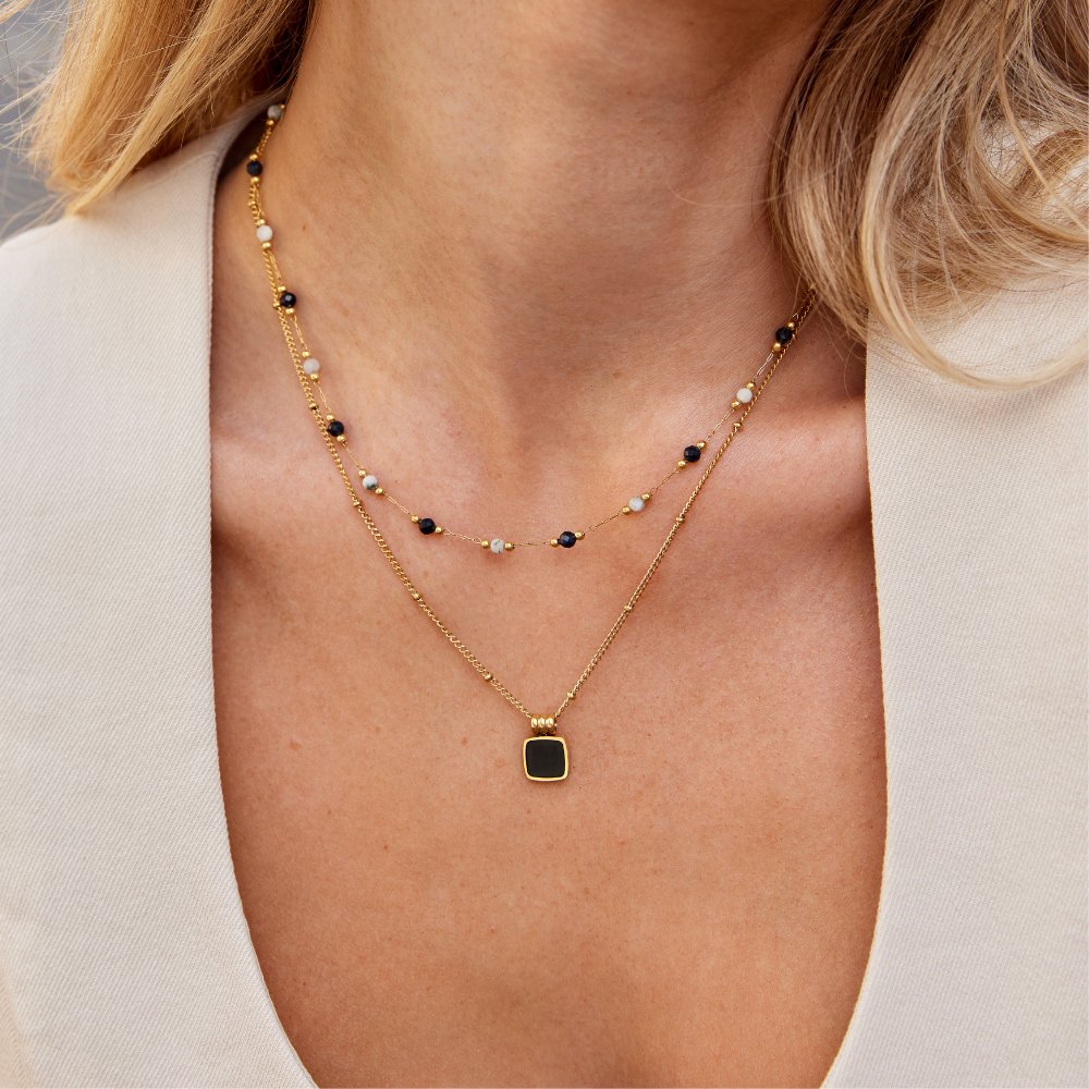 Gold Beaded Stone Necklace with Midnight Design