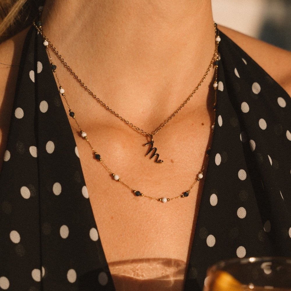 Gold Beaded Stone Necklace with Midnight Design