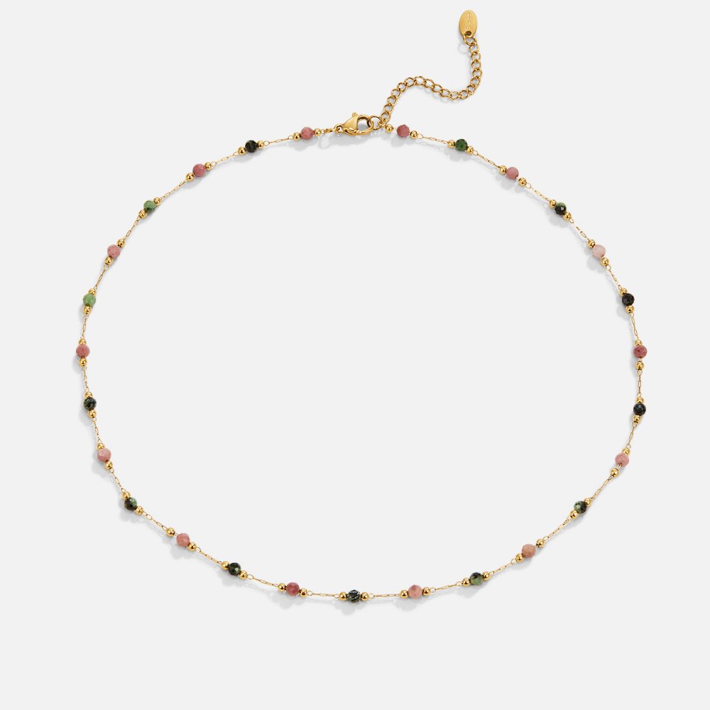 Gold Tone Beaded Stone Necklace with Spring Design