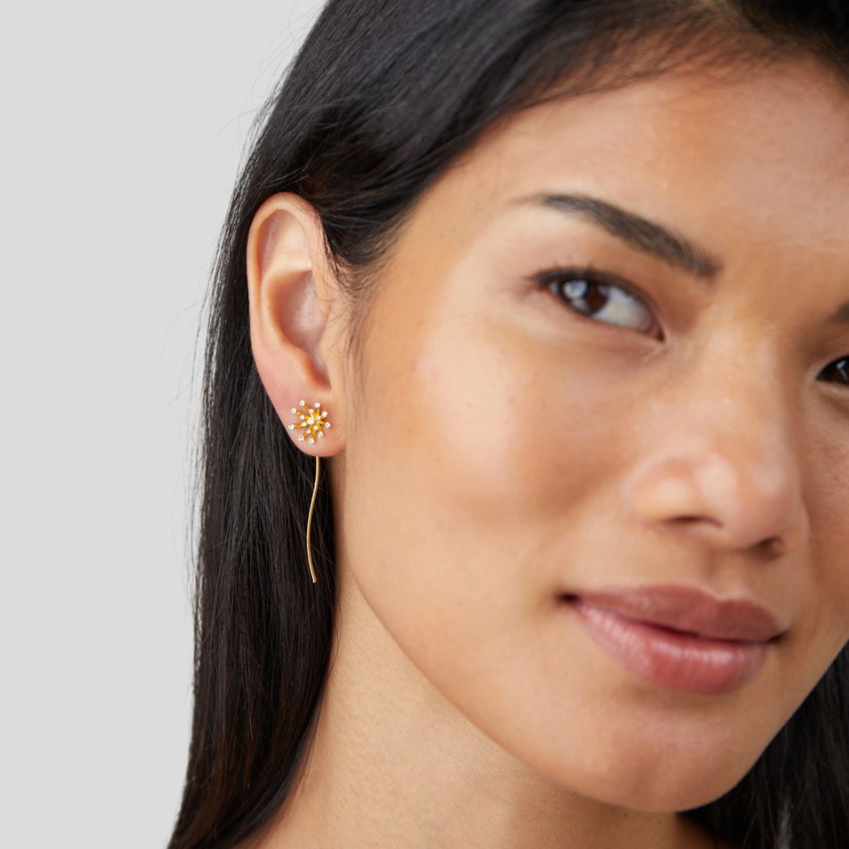 Gold Drop Earrings with Dandelion Wishbloom Design