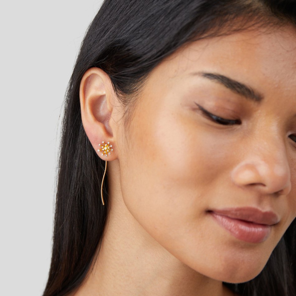 Gold Drop Earrings with Dandelion Wishbloom Design