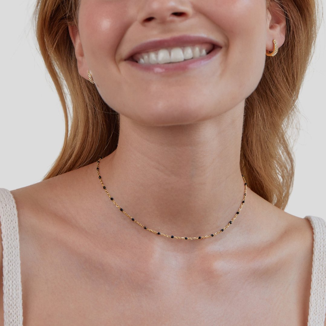Gold Tone Necklace with Black Beads
