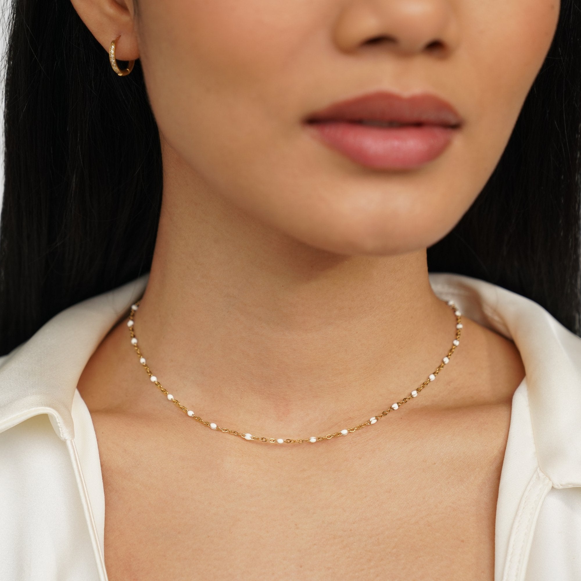 Gold Beaded Necklace with White Bead Strand