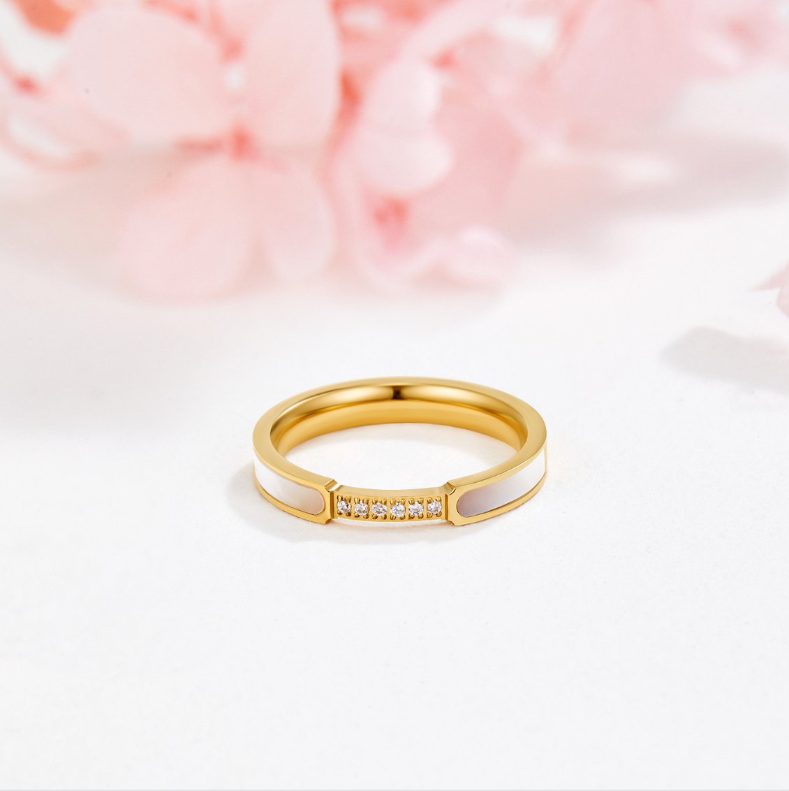 Gold Open Ring with Mother of Pearl and Crystal
