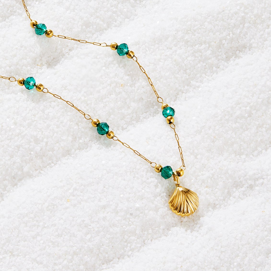 Gold Tone Shell and Green Bead Necklace